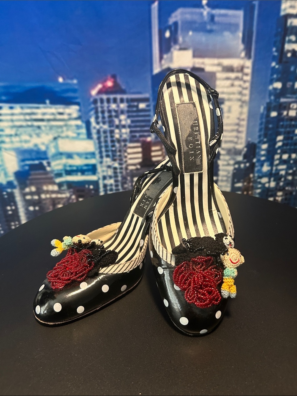 CHRISTIAN LACROIX Choice Black & White Polka Dot Beaded Floral Heels
